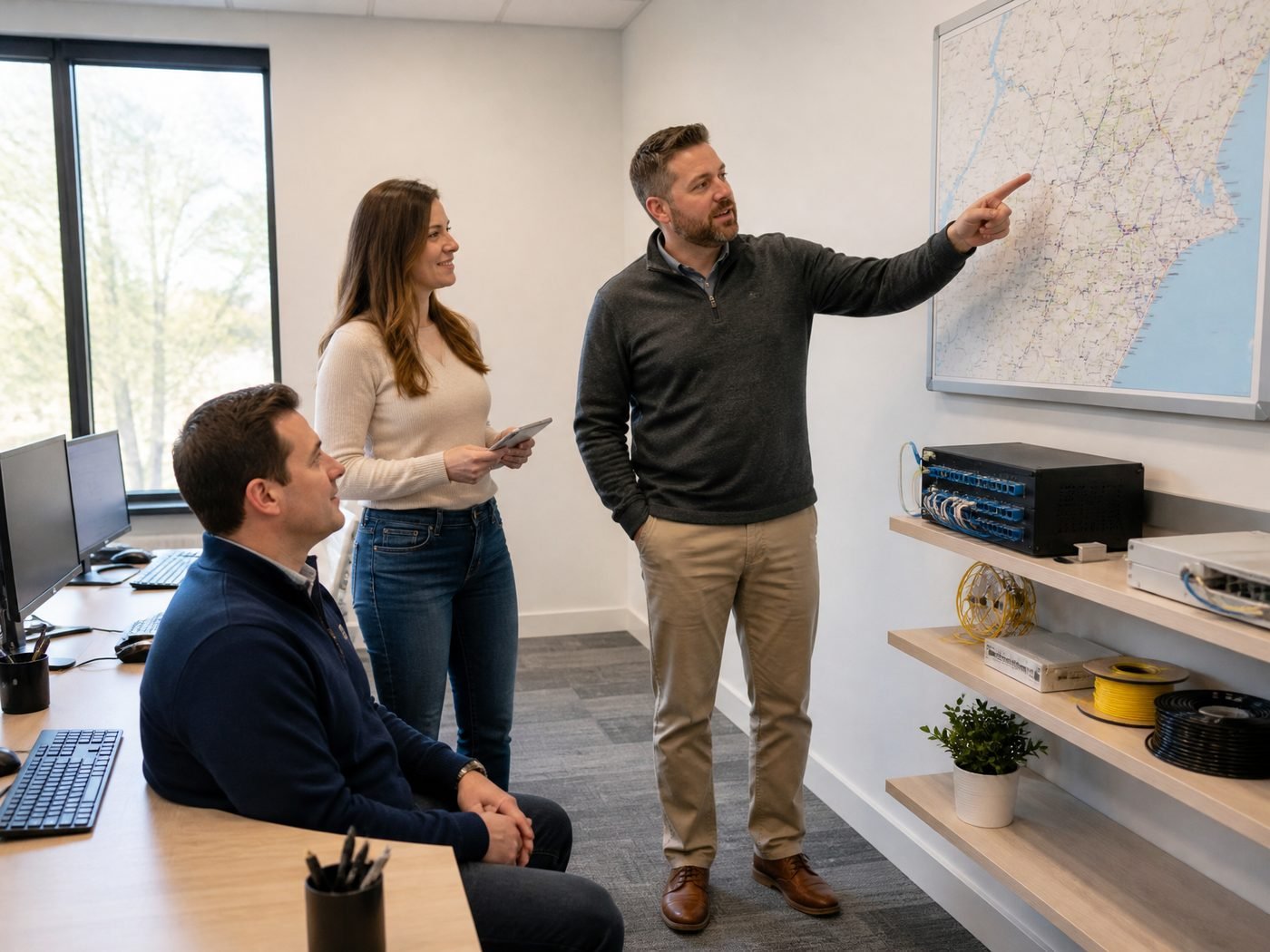 InternetStop team reviewing a service map in the Beaumont office