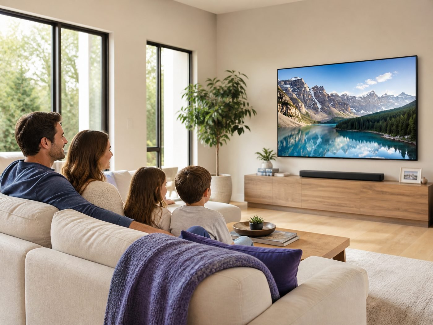 Family watching television together in a bright living room