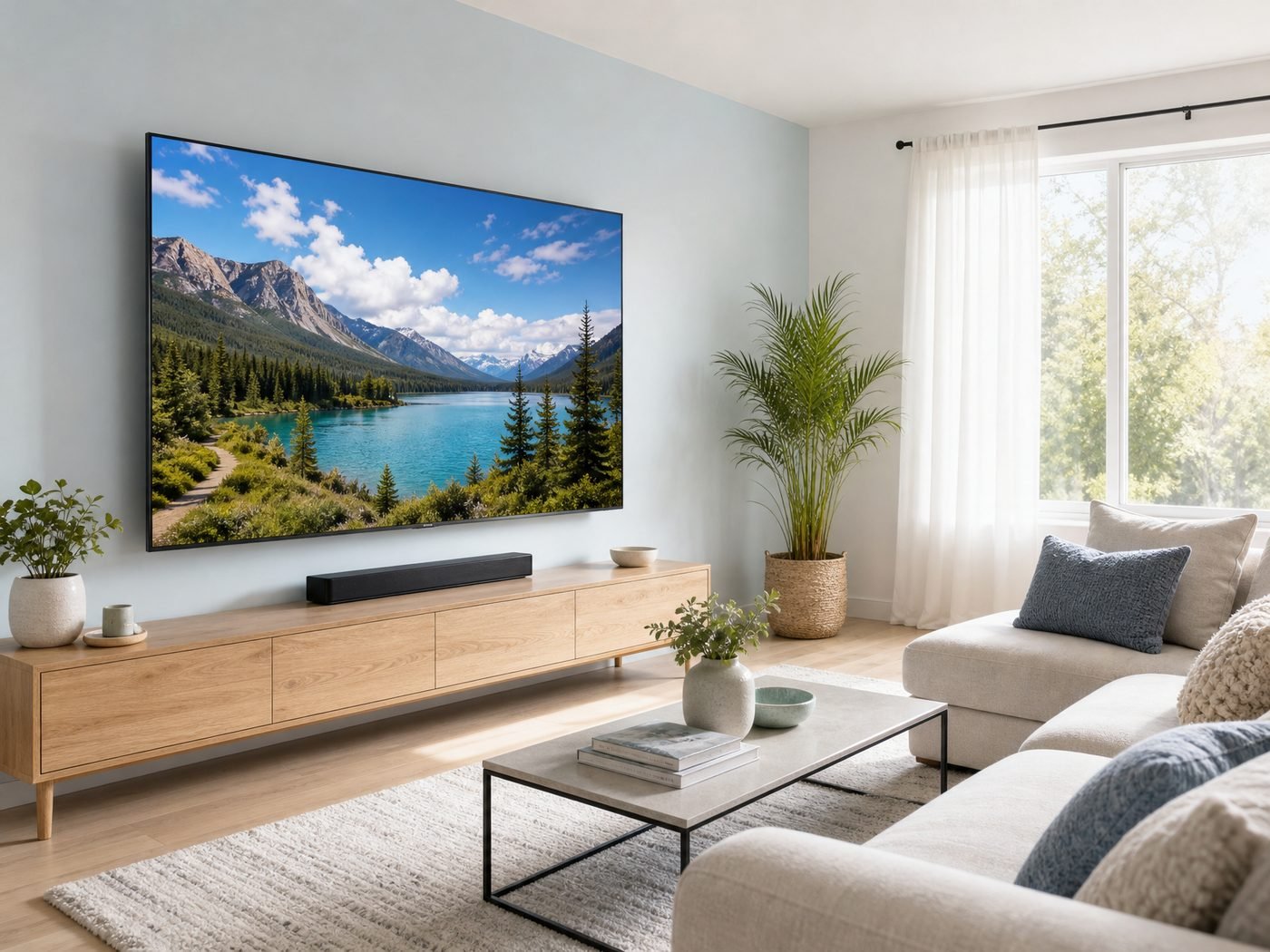 Bright living room with a large television showing a 4K landscape