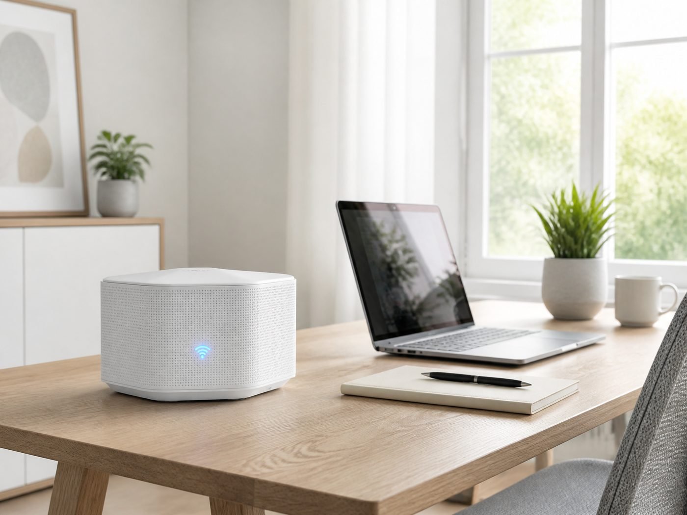 Wi-Fi 6 router on a home office desk beside a laptop