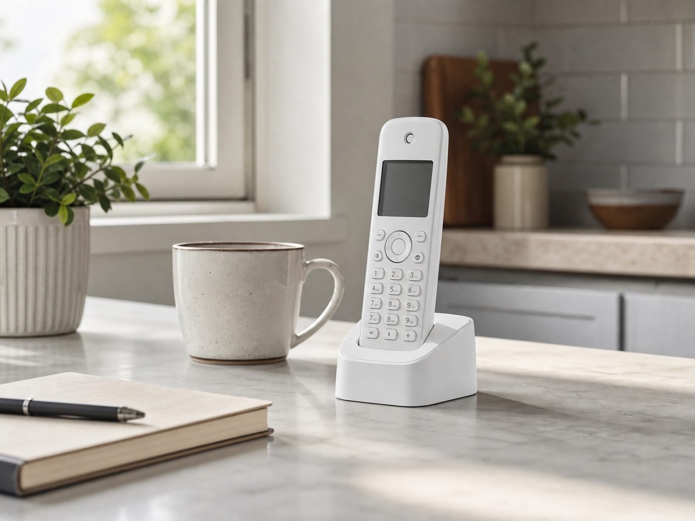 Cordless home phone handset in its charging base on a bright kitchen counter
