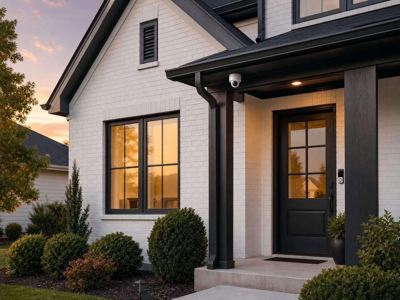 Security camera and video doorbell on a modern white brick home
