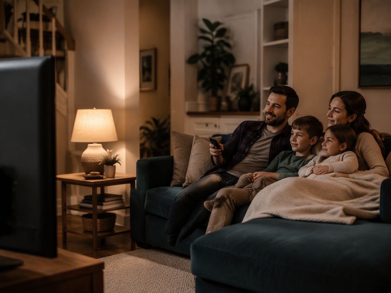 A family watching television together at home